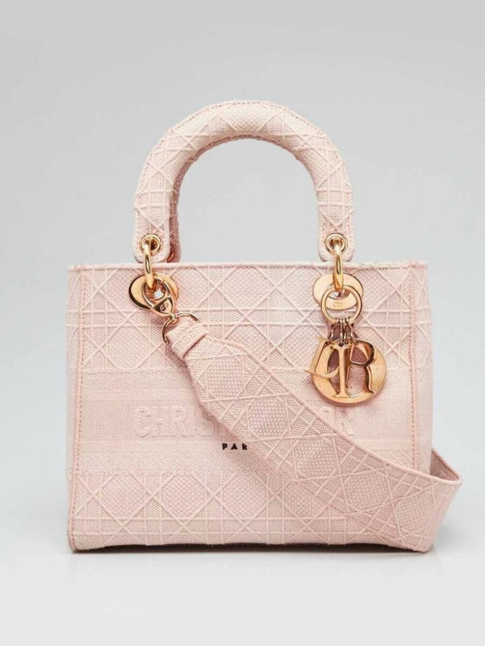 Christian Dior Light Pink Cannage Embroidery Canvas Medium Lady D-Lite Bag